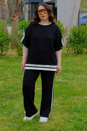 RENKTE BÜYÜK BEDEN ŞERİTLİ SİYAH TAKIM