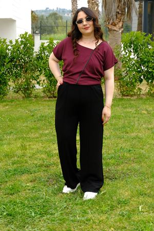 RENKTE ÇIMALI BOL PAÇA BATTAL BEDEN SİYAH MODAL ALT