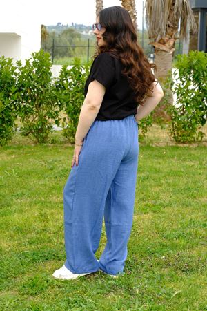 RENKTE BÜYÜK BEDEN MAVİ KETEN BOL PAÇA PANTOLON