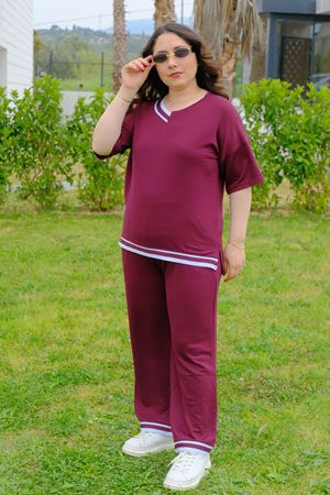 RENKTE BÜYÜK BEDEN BORDO ŞERİT DETAYLI TAKIM