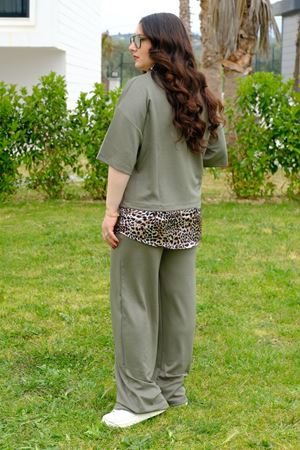RENKTE BÜYÜK BEDEN LEOPAR ÇIKMALI HAKİ TAKIM