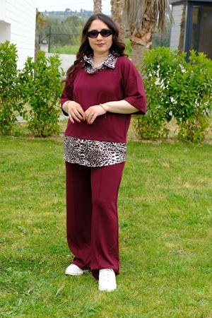 RENKTE BÜYÜK BEDEN LEOPAR ÇIKMALI BORDO TAKIM