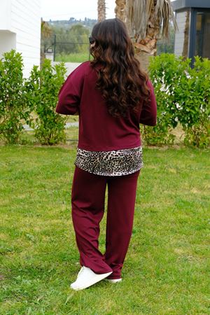 RENKTE BÜYÜK BEDEN LEOPAR ÇIKMALI BORDO TAKIM