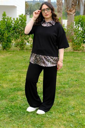 RENKTE BÜYÜK BEDEN LEOPAR ÇIKMALI SİYAH TAKIM