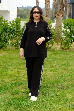 RENKTE BÜYÜK BEDEN TÜLLÜ TAŞLI SİYAH TAKIM