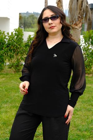 RENKTE BÜYÜK BEDEN ŞİFON KOLLU DÜĞME DETAYLI BLUZ