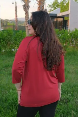 RENKTE V YAKA TAŞLI KAPRİ KOL ESNEK BORDO BLUZ