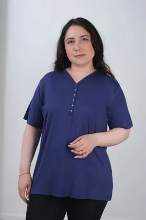 RENKTE LACİVERT KISA KOL ESNEK PENYE BLUZ