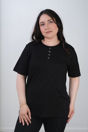 RENKTE YAKA DETAYLI KISA KOL ESNEK SİYAH BLUZ