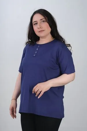 RENKTE YAKA DETAYLI KISA KOL ESNEK LACİVERT BLUZ