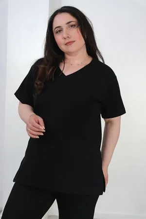 RENKTE BÜYÜK BEDEN V YAKA SİYAH MODAL TAKIM