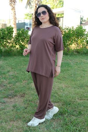 RENKTE ÖZEL ÜRETİM PAMUKLU ESNEK KISA KOLLU KAHVERENGİ TAKIM