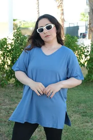 RENKTE ÖZEL ÜRETİM BÜYÜK BEDEN AÇIK MAVİ BASİC T-SHİRT