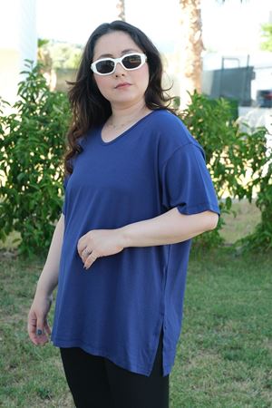 RENKTE ÖZEL ÜRETİM BÜYÜK BEDEN LACİVERT  BASİC T-SHİRT