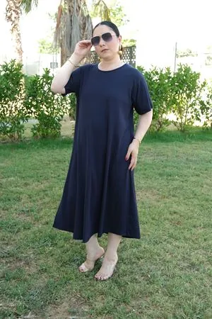 RENKTE ÖZEL ÜRETİM BATTAL PAMUKLU LACİVERT ESNEK KAŞKORSE ELBİSE