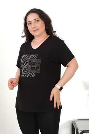 RENKTE BÜYÜK BEDEN BONJOUR TAŞLI SİYAH BLUZ