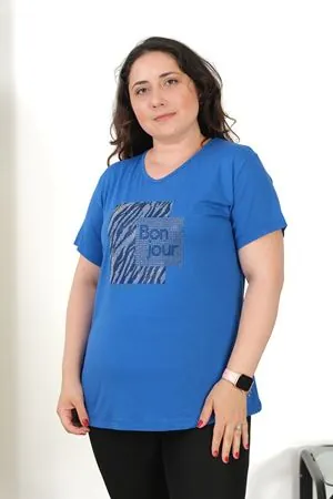 RENKTE BÜYÜK BEDEN BONJOUR TAŞLI MAVİ BLUZ