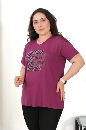 RENKTE BÜYÜK BEDEN BONJOUR TAŞLI MOR BLUZ