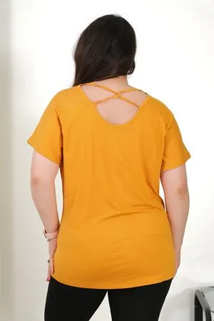 RENKTE BÜYÜK BEDEN V YAKA SIRTI ÇAPRAZ TAŞLI HARDAL BLUZ