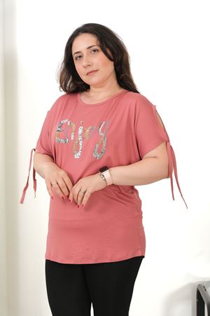 RENKTE BÜYÜK BEDEN ENJOY PULLU NAKIŞLI PUDRA BLUZ