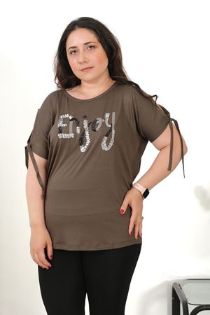 RENKTE BÜYÜK BEDEN ENJOY PULLU NAKIŞLI HAKİ BLUZ