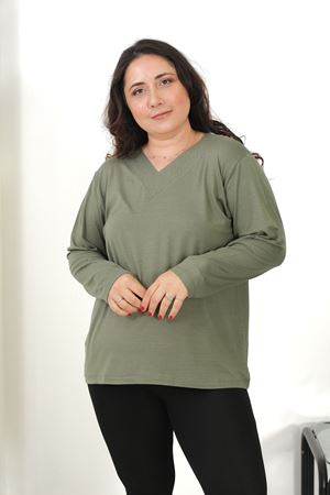 RENKTE V TAŞLI UZUN KOL HAKİ PENYE BLUZ