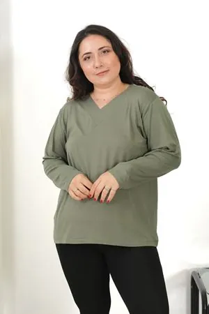 RENKTE V TAŞLI UZUN KOL HAKİ PENYE BLUZ