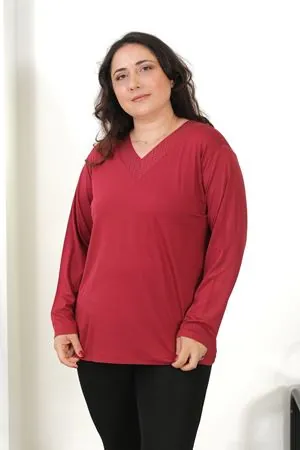 RENKTE V TAŞLI UZUN KOL BORDO PENYE BLUZ