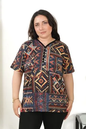 RENKTE DESENLİ KISA KOL ESNEK PENYE BLUZ