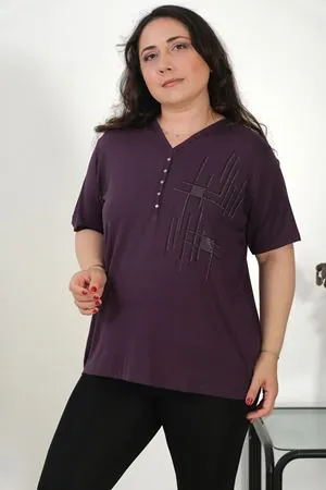 RENKTE BÜYÜK BEDEN TAŞLI KISA KOL MÜRDÜM BLUZ