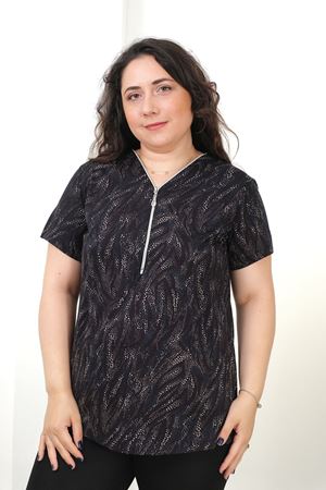 RENKTE BÜYÜK BEDEN FERMUARLI DESENLİ BLUZ