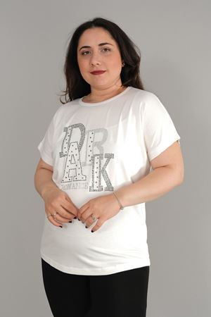 RENKTE BÜYÜK BEDEN DARK YAZI TAŞLI BEYAZ BLUZ