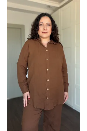 RENKTE BÜYÜK BEDEN KAHVERENGİ KETEN TAKIM