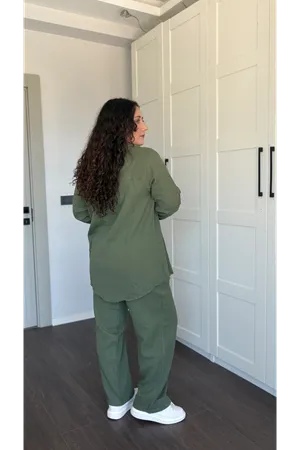 RENKTE BÜYÜK BEDEN HAKİ KETEN TAKIM