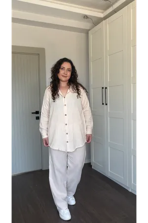 RENKTE BÜYÜK BEDEN KREM KETEN TAKIM
