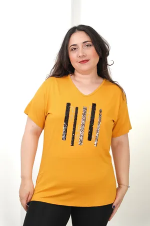 RENKTE BÜYÜK BEDEN DİK PUL DETAYLI KISA KOL HARDAL BLUZ