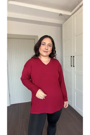 RENKTE ÖZEL ÜRETİM BÜYÜK BEDEN V YAKA YIRTMAÇLI UZUN KOL BORDO BLUZ