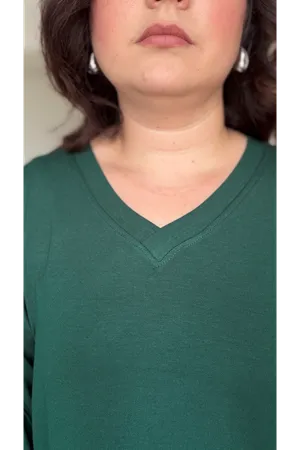 RENKTE ÖZEL ÜRETİM BÜYÜK BEDEN V YAKA YIRTMAÇLI UZUN KOL ZÜMRÜT BLUZ
