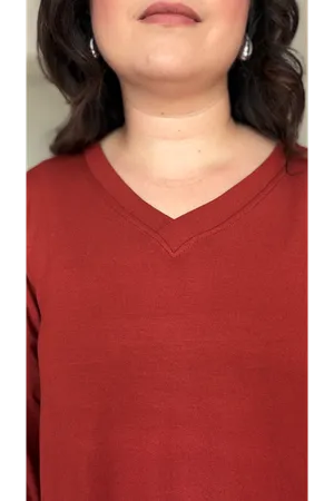 RENKTE ÖZEL ÜRETİM BÜYÜK BEDEN V YAKA YIRTMAÇLI UZUN KOL KİREMİT BLUZ