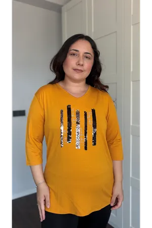 RENKTE BÜYÜK BEDEN DİK PUL DETAYLI KAPRİ KOL HARDAL BLUZ