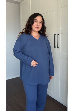 RENKTE ÖZEL ÜRETİM BÜYÜK BEDEN V YAKA İNDİGO TAKIM