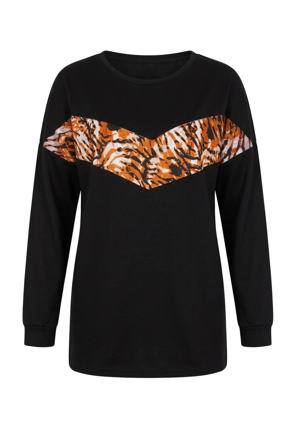 Renkte Bisiklet Yaka Uzun Kollu Leopar Desenli Sweatshirt