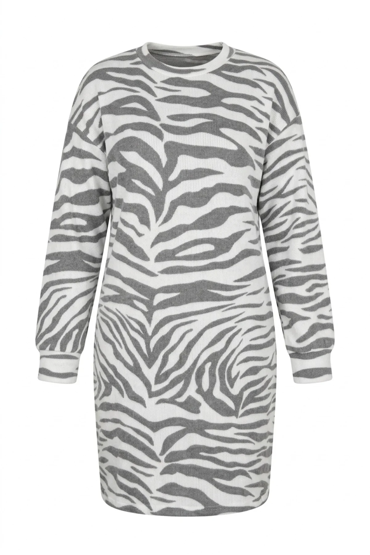 Renkte Büyük Beden Uzun Kollu Bisiklet Yaka Zebra Desenli Mini Elbise 