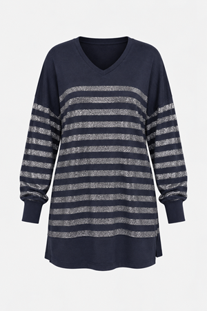 Renkte Büyük Beden V Yaka Uzun Kollu Metalik Çizgili Sweatshirt