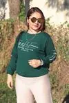 RENKTE BÜYÜK BEDEN KOL VE ÖN BASKILI BELİ LASTİKLİ YEŞİL SWEAT