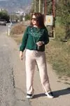 RENKTE BÜYÜK BEDEN KOL VE ÖN BASKILI BELİ LASTİKLİ YEŞİL SWEAT