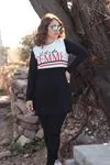 RENKTE BÜYÜK BEDEN FEMME BASKILI GARNİLİ SİYAH SWEAT