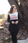 RENKTE BÜYÜK BEDEN FEMME BASKILI GARNİLİ SİYAH SWEAT