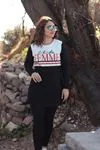RENKTE BÜYÜK BEDEN FEMME BASKILI GARNİLİ SİYAH SWEAT