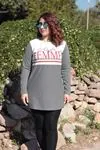 RENKTE BÜYÜK BEDEN FEMME BASKILI GARNİLİ GRİ SWEAT